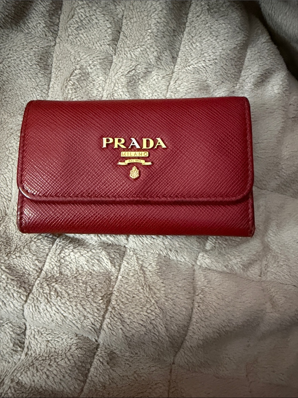PRADA Red Saffiano Leather Key & Card Holder with Gold Logo